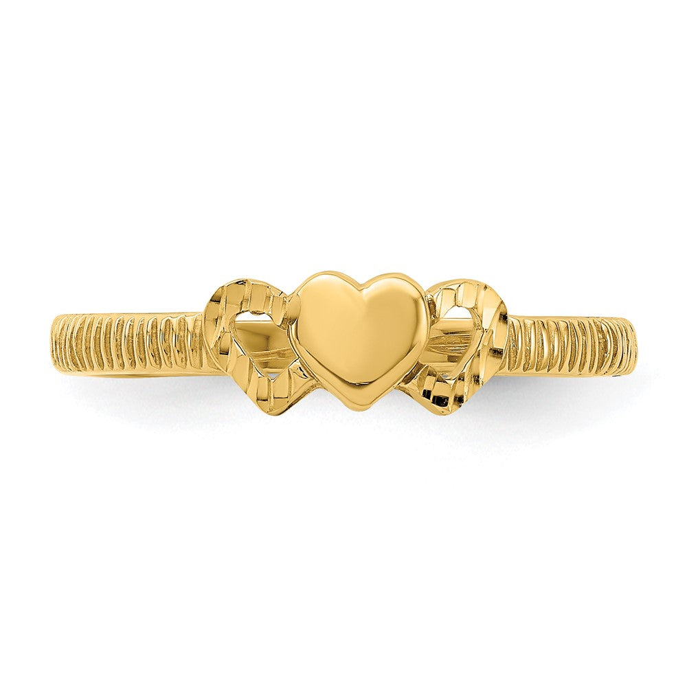 14K Gelbgold Ring mit massivem Herz und diamantgeschliffenen Herzen