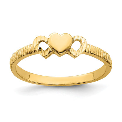 14K Gelbgold Ring mit massivem Herz und diamantgeschliffenen Herzen