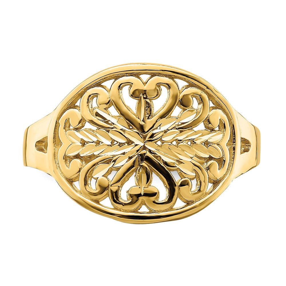 14K Gelbgold Ring mit ovalem Schild und Schnörkelmuster