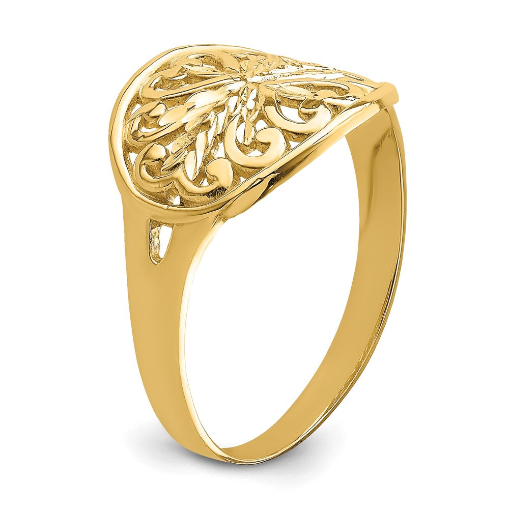 14K Gelbgold Ring mit ovalem Schild und Schnörkelmuster