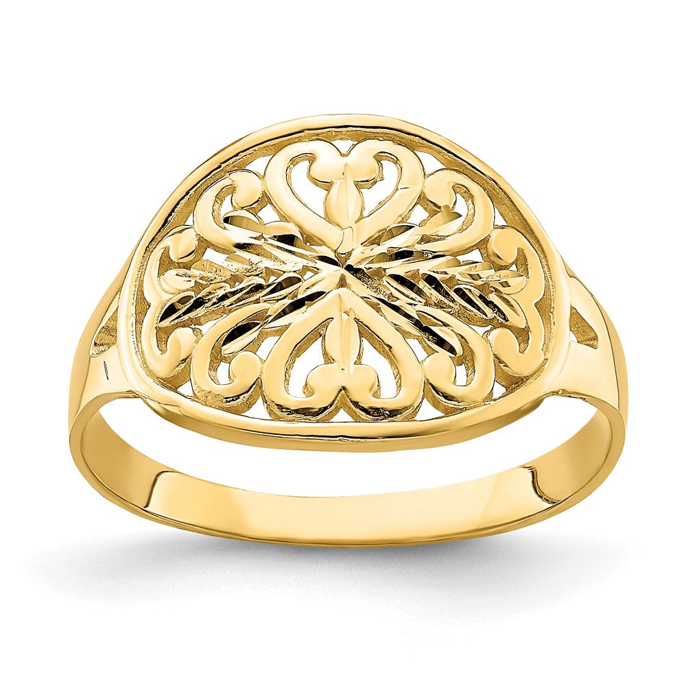 14K Gelbgold Ring mit ovalem Schild und Schnörkelmuster