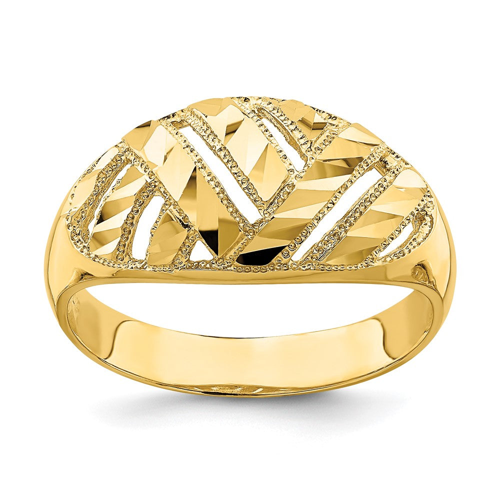 14K Gelbgold Ring mit diamantgeschliffenen Streifen und Cut-Out-Design, Dome-Form