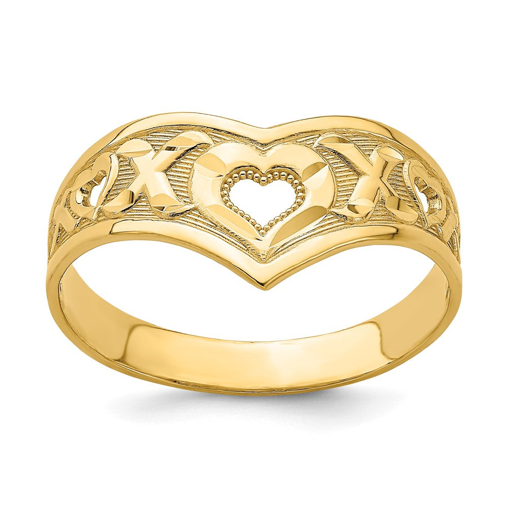 14K Gelbgold XO V-förmiger Ring mit ausgeschnittenem Herz