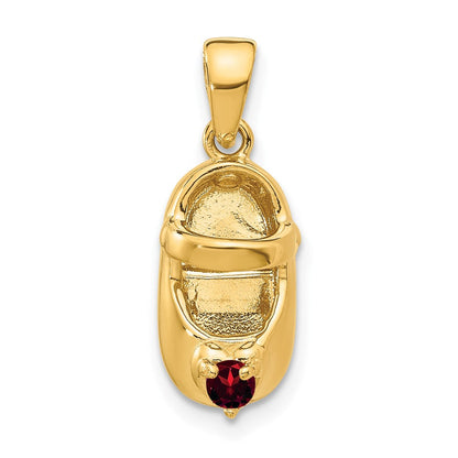 14K Gelbgold 3-D Gravierbarer Baby-Schuh-Charm mit rotem synthetischem Stein (Januar)