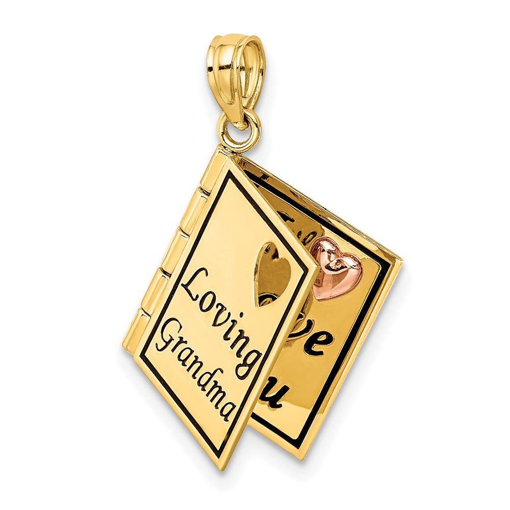 14K Bicolor-Gold 3D-emaillierter „LOVING GRANDMA“ Buch-Anhänger
