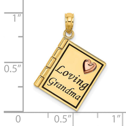 14K Bicolor-Gold 3D-emaillierter „LOVING GRANDMA“ Buch-Anhänger