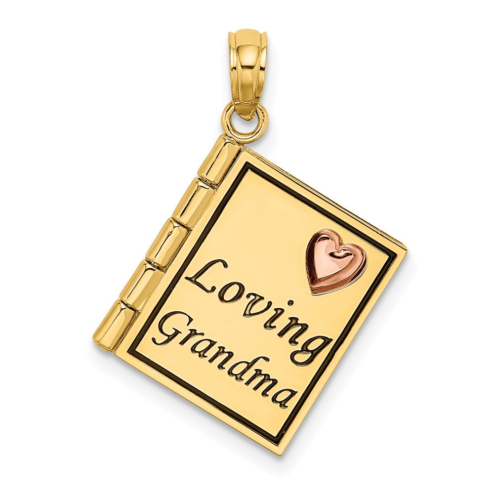 14K Bicolor-Gold 3D-emaillierter „LOVING GRANDMA“ Buch-Anhänger