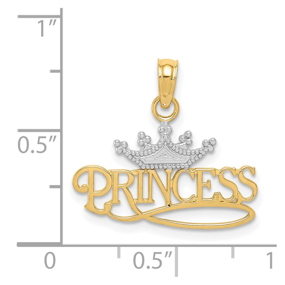 14K Gelb & Rhodium mit Rhodium Poliert Princess mit Krone Anhänger