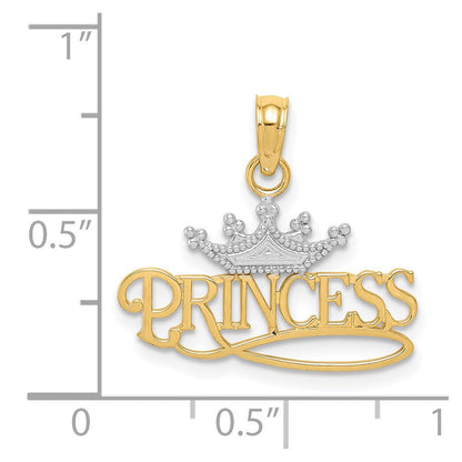 14K Gelb & Rhodium mit Rhodium Poliert Princess mit Krone Anhänger
