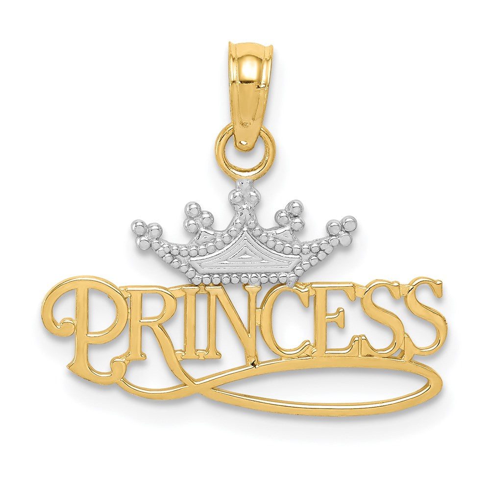 14K Gelb & Rhodium mit Rhodium Poliert Princess mit Krone Anhänger