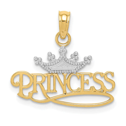 14K Gelb & Rhodium mit Rhodium Poliert Princess mit Krone Anhänger
