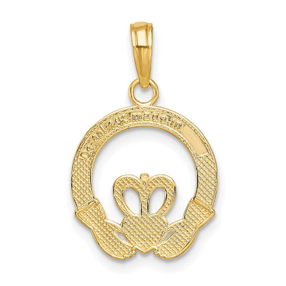 14K Gelbgold Satiniert Diamantiert Flach-backed Claddagh Anhänger