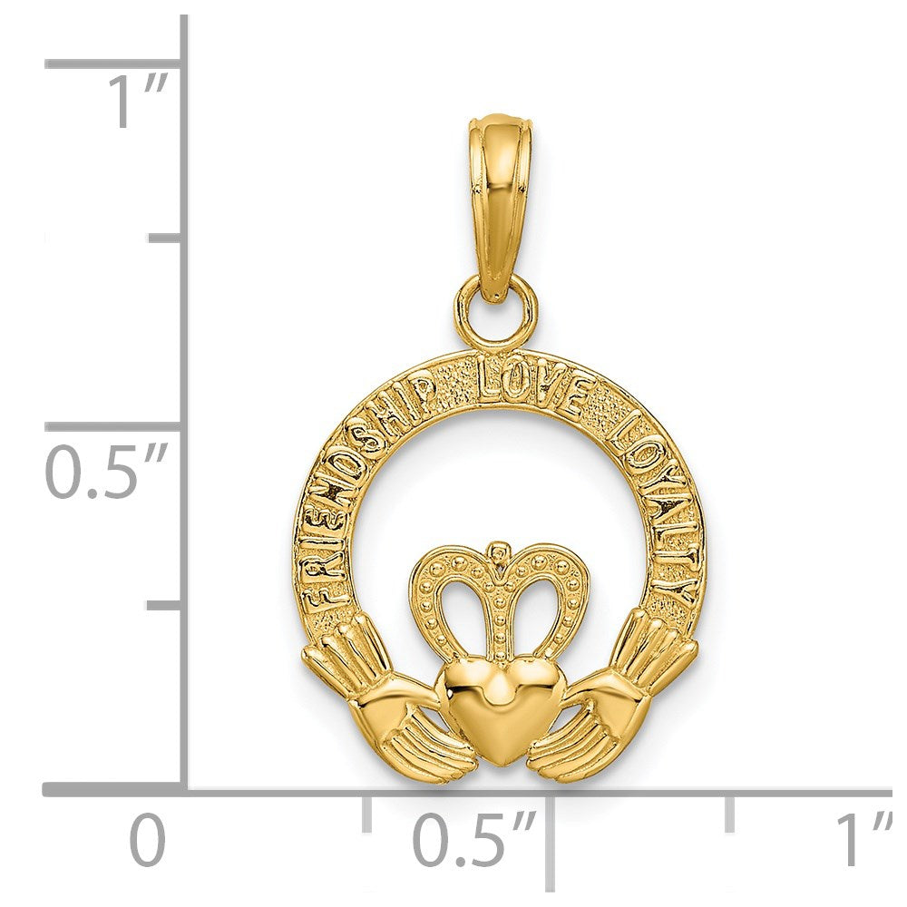 14K Gelbgold Satiniert Diamantiert Flach-backed Claddagh Anhänger