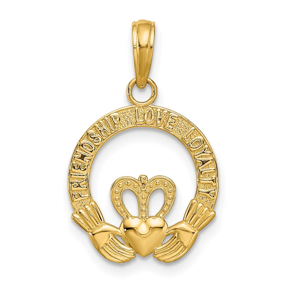14K Gelbgold Satiniert Diamantiert Flach-backed Claddagh Anhänger