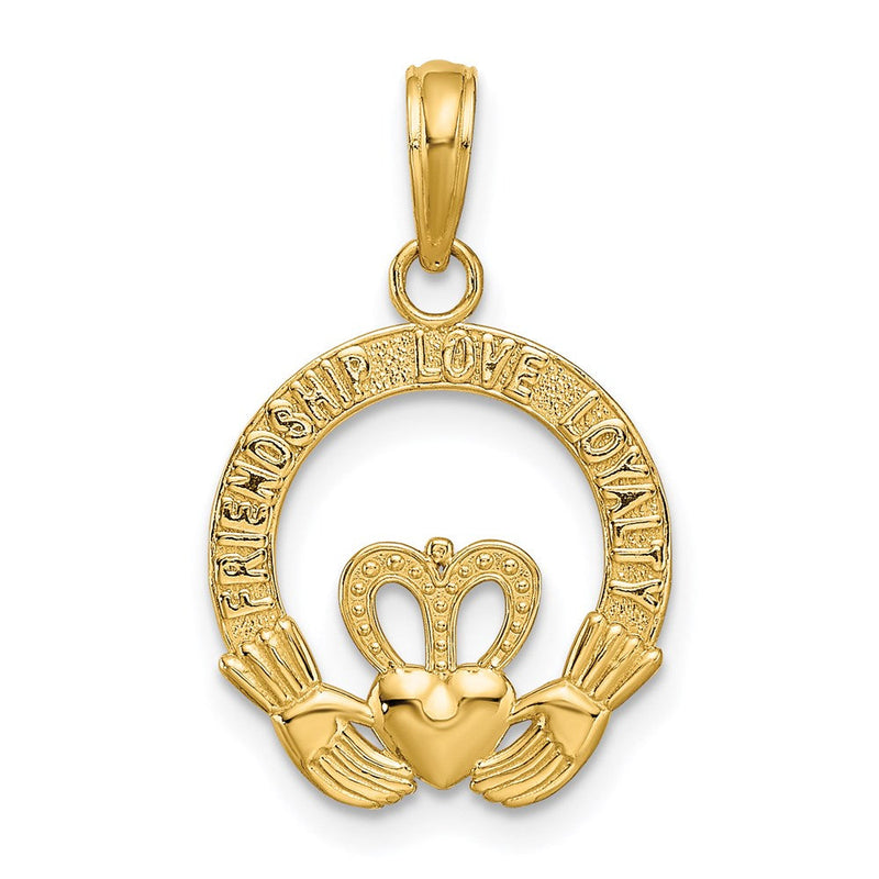 14K Gelbgold Satiniert Diamantiert Flach-backed Claddagh Anhänger