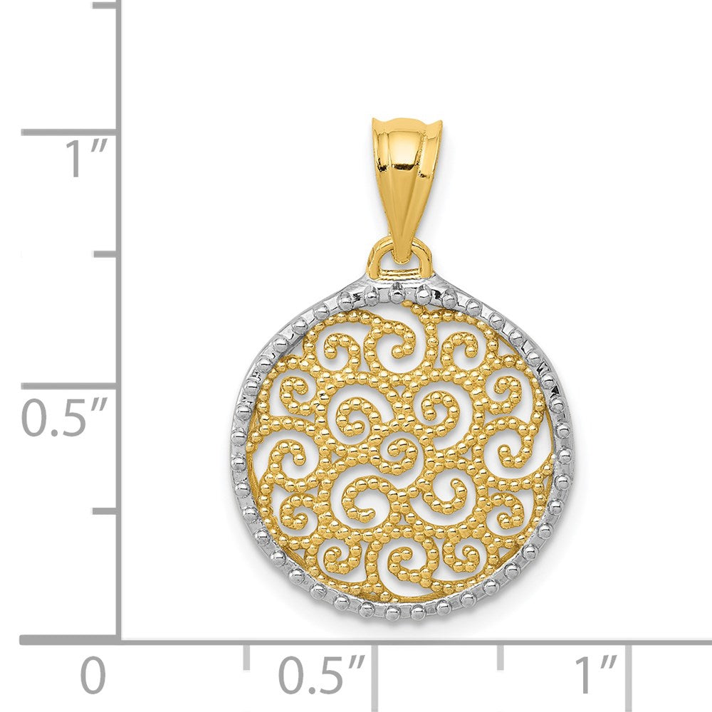 14K Gelbgold mit Rhodium-Filigran-Kreisanhänger in Rhodium