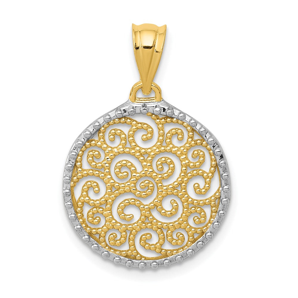 14K Gelbgold mit Rhodium-Filigran-Kreisanhänger in Rhodium