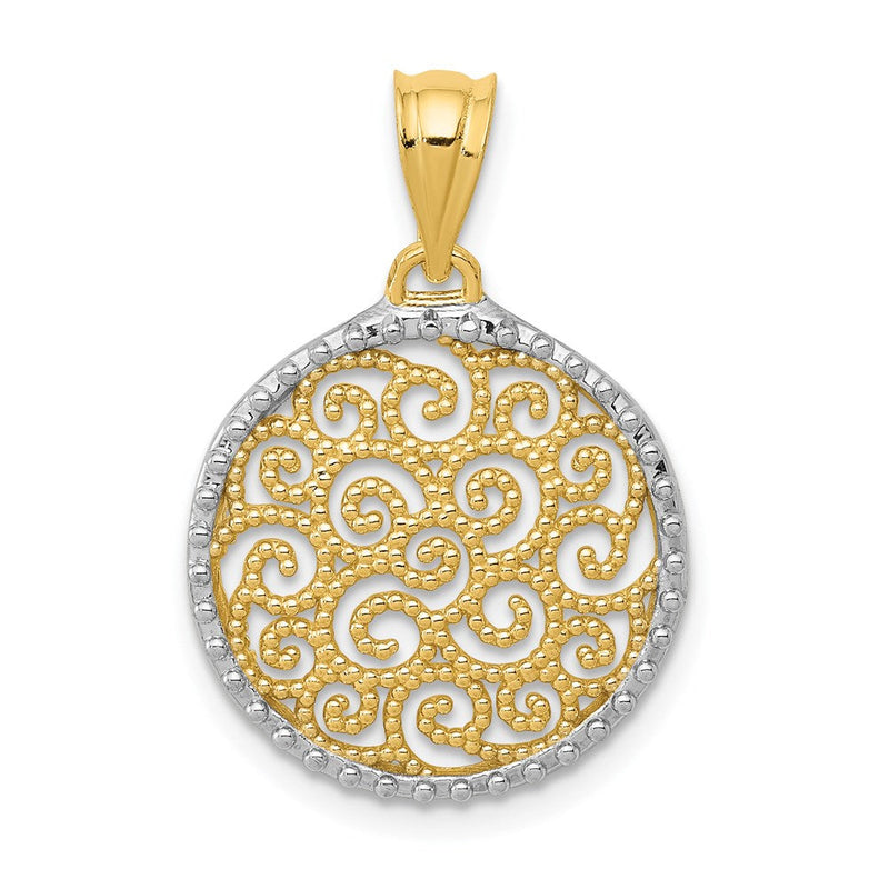 14K Gelbgold mit Rhodium-Filigran-Kreisanhänger in Rhodium