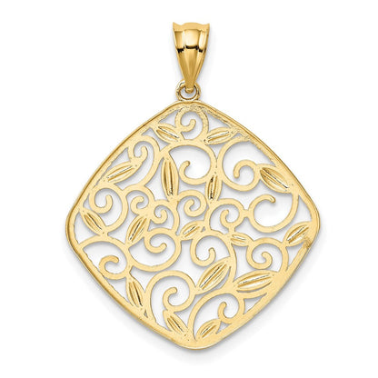 14K Gelb- & Rhodiumgold mit Rhodium diamantgeschliffenem Filigran-Wirbel-Anhänger