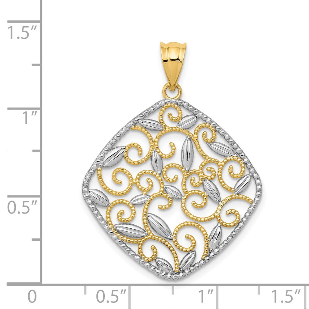 14K Gelb- & Rhodiumgold mit Rhodium diamantgeschliffenem Filigran-Wirbel-Anhänger