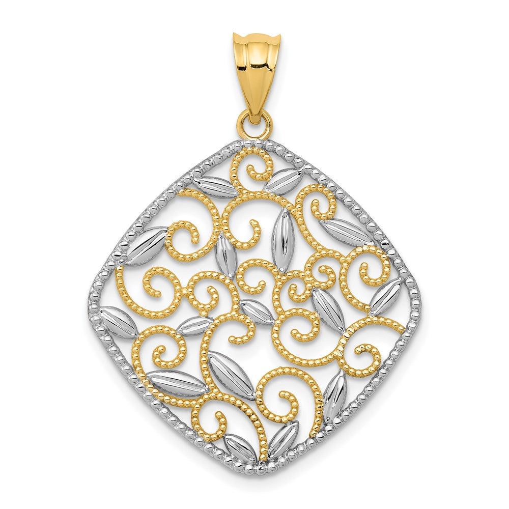 14K Gelb- & Rhodiumgold mit Rhodium diamantgeschliffenem Filigran-Wirbel-Anhänger