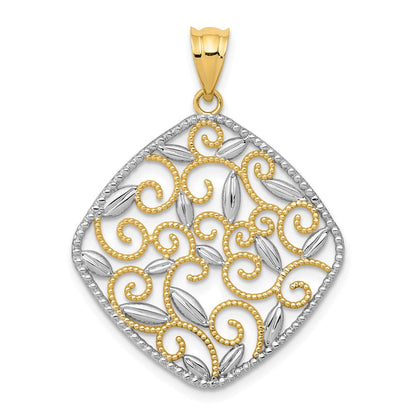 14K Gelb- & Rhodiumgold mit Rhodium diamantgeschliffenem Filigran-Wirbel-Anhänger