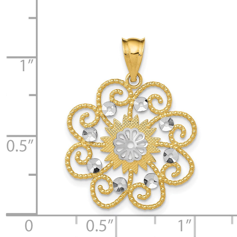14K Gelb & Rhodium und Diamantiert Wirbel Rund Anhänger