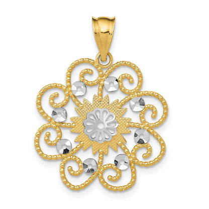 14K Gelb & Rhodium und Diamantiert Wirbel Rund Anhänger