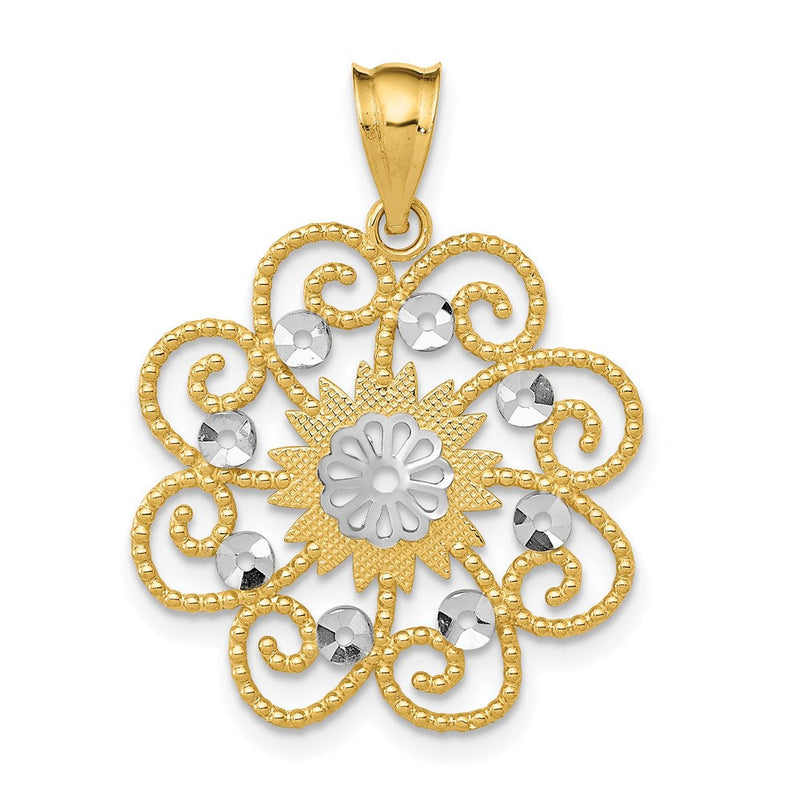 14K Gelb & Rhodium und Diamantiert Wirbel Rund Anhänger