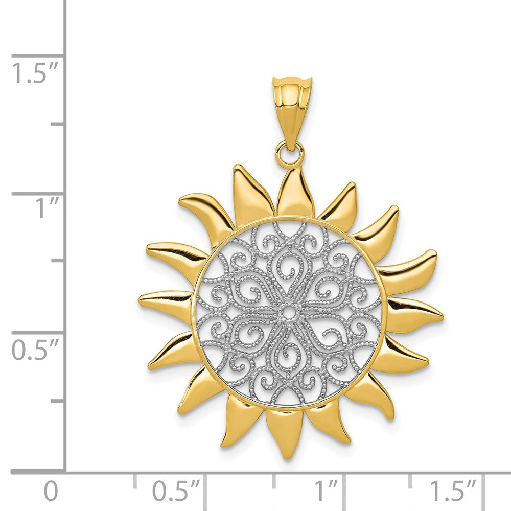 14K Gelb- und Rhodiumgold-Sonnenanhänger mit Rhodium-Filigran