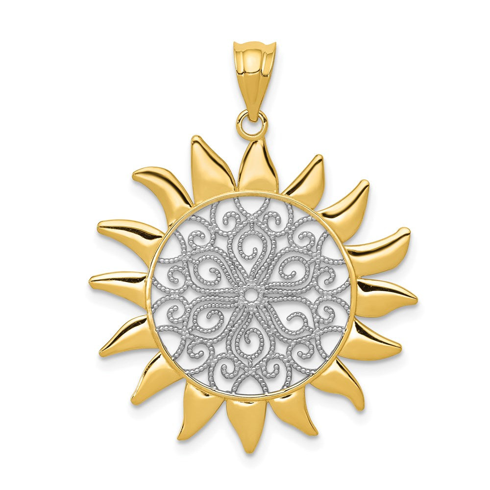 14K Gelb- und Rhodiumgold-Sonnenanhänger mit Rhodium-Filigran