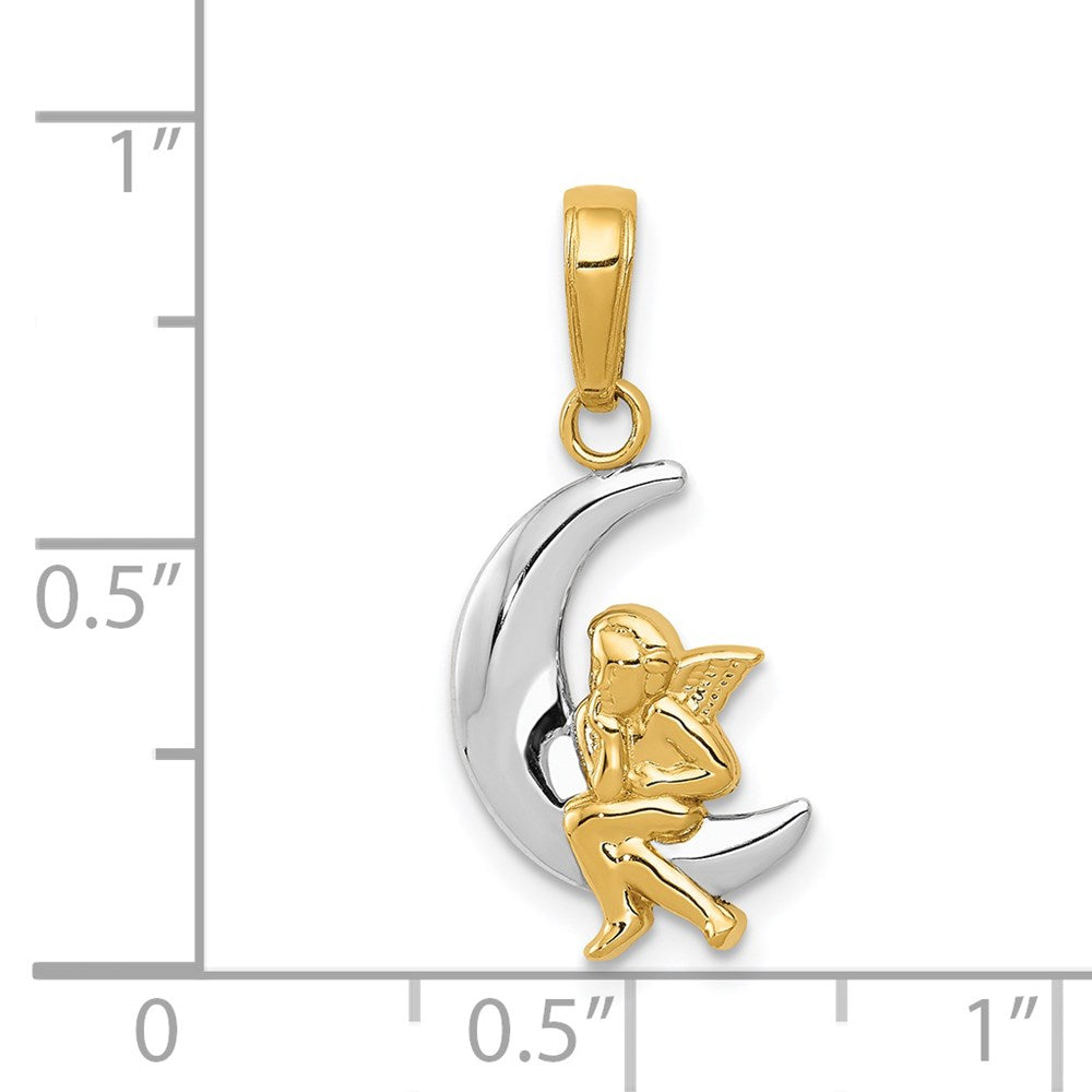 14K Gelb & Rhodium und Poliert Mond mit Engel Anhänger