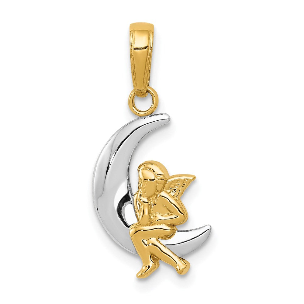 14K Gelb & Rhodium und Poliert Mond mit Engel Anhänger