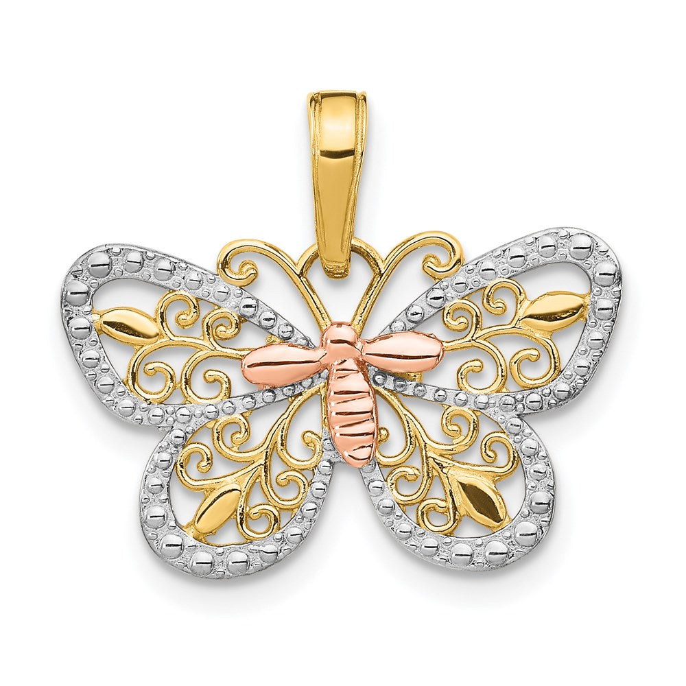 14K Bicolor mit Weiß Rhodium Diamantiert Schmetterling Anhänger
