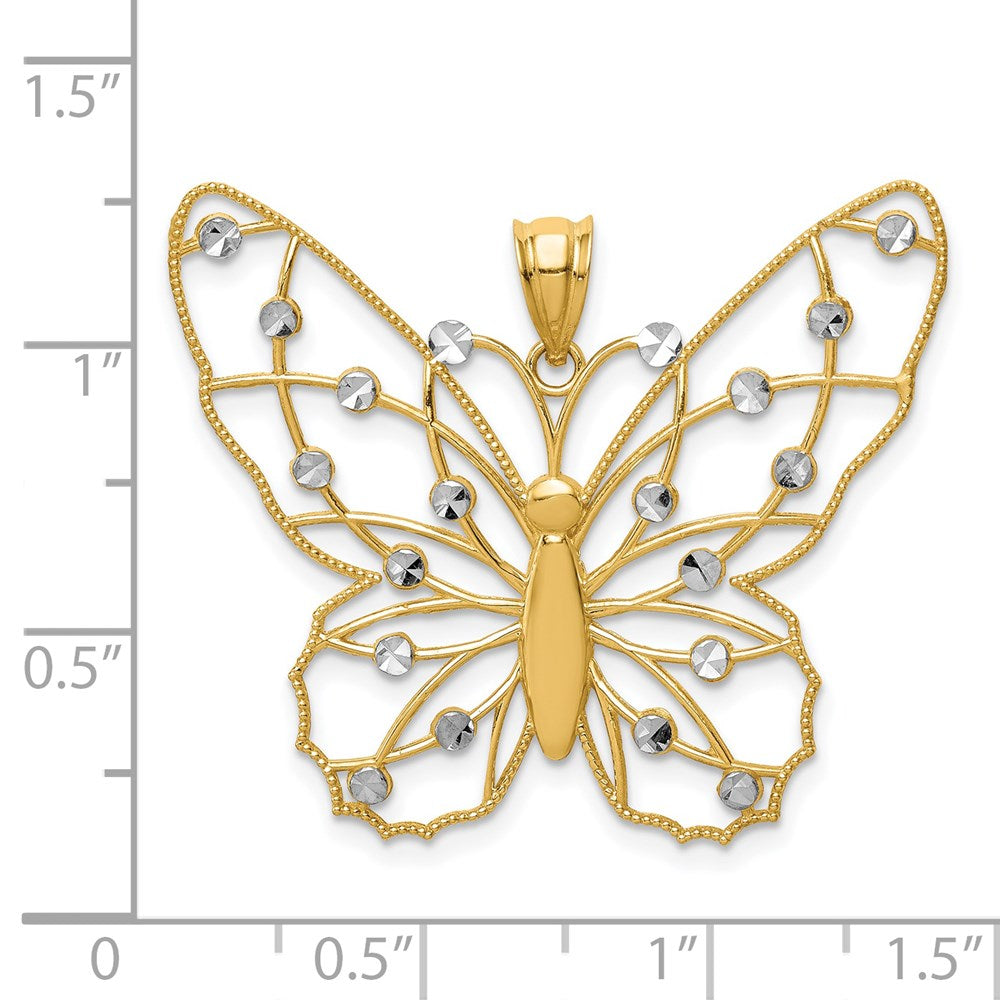 14K Gelbgold mit Rhodium-Beschichtung, diamantgeschliffener Schmetterlings-Anhänger