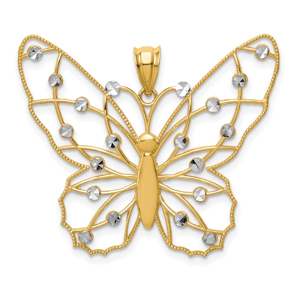 14K Gelbgold mit Rhodium-Beschichtung, diamantgeschliffener Schmetterlings-Anhänger