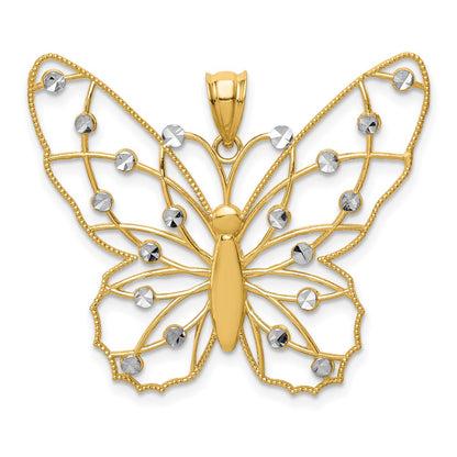 14K Gelbgold mit Rhodium-Beschichtung, diamantgeschliffener Schmetterlings-Anhänger