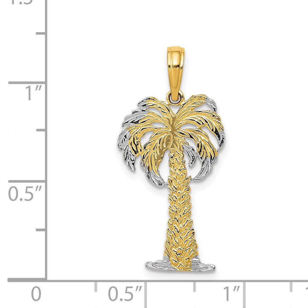 14K Gelb- und Rhodiumgold Palmenanhänger mit Rhodiumbeschichtung, poliert und strukturiert