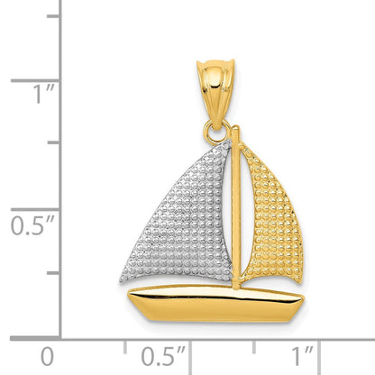 14k Gelbgold & Roségold mit Rhodium, texturierter Segelboot-Anhänger