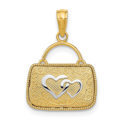 14K Gelbgold & Roségold mit Rhodium – 3D-Wendeanhänger „Handtasche und Herz“