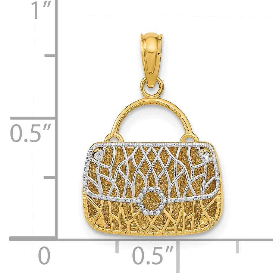 14K Gelbgold & Roségold mit Rhodium – 3D-Wendeanhänger „Handtasche und Herz“