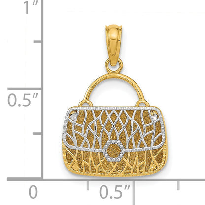 14K Gelbgold & Roségold mit Rhodium – 3D-Wendeanhänger „Handtasche und Herz“