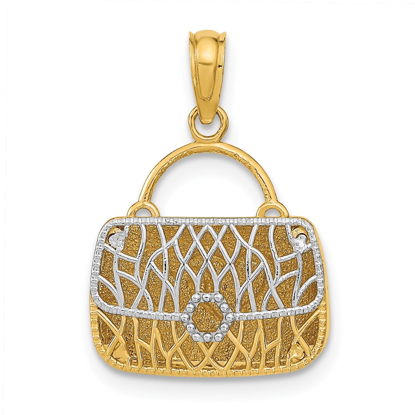 14K Gelbgold & Roségold mit Rhodium – 3D-Wendeanhänger „Handtasche und Herz“