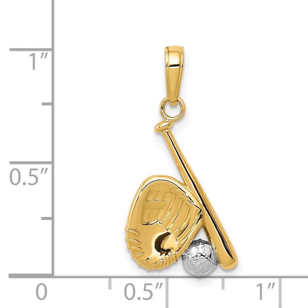 14K Gelb & Rhodium mit Rhodium Baseball, Bat, und Glove Anhänger