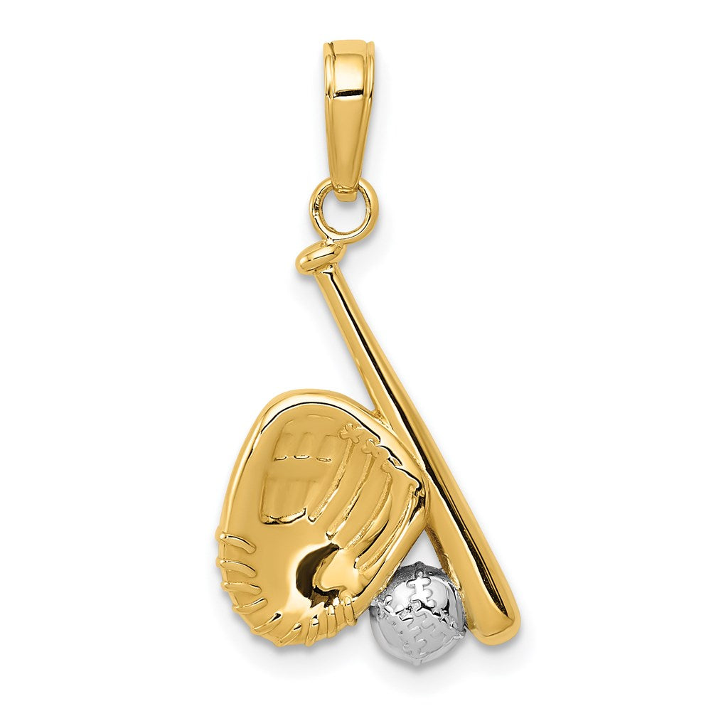 14K Gelb & Rhodium mit Rhodium Baseball, Bat, und Glove Anhänger