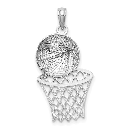 14K Weißgold Diamantschliff-Basketball-und-Netz-Charm