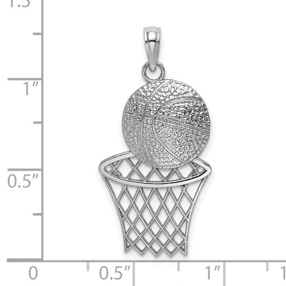 14K Weißgold Diamantgeschliffener Basketball-und-Netz-Charm