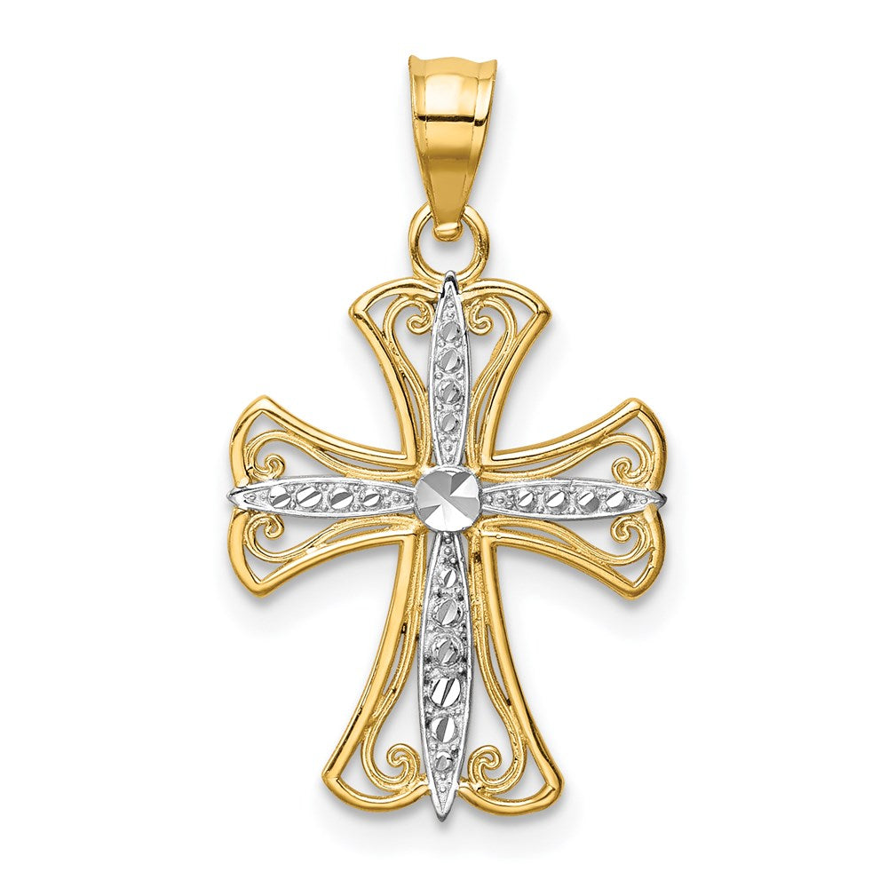 14K Gelb & Rhodium mit Rhodium Diamantiert Kreuz Anhänger