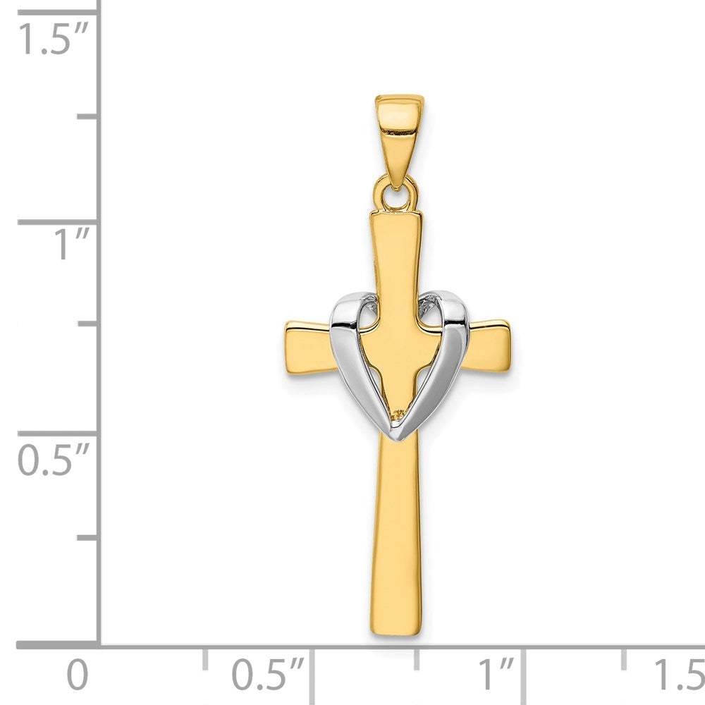 14K Gelbgold & Rhodiumgold mit Rhodium, polierter Herz-Kreuz-Anhänger