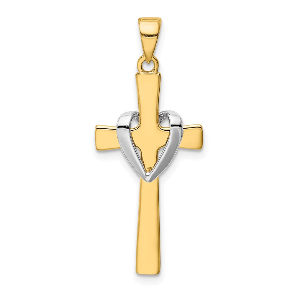 14K Gelbgold & Rhodiumgold mit Rhodium, polierter Herz-Kreuz-Anhänger